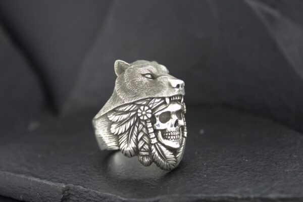 A detailed ring featuring a panther and a skull with wings design.