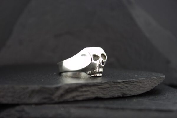 A silver skull ring on a dark surface.