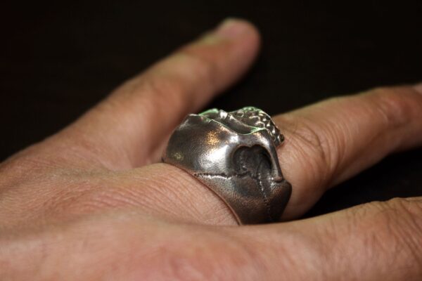 A silver skull ring worn on a finger with a blurred background.