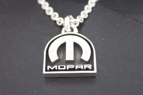 Silver Mopar logo pendant on a chain.