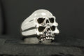 Silver ring with two stacked skull designs.