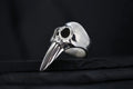 A silver ring shaped like a bird skull with a long beak.