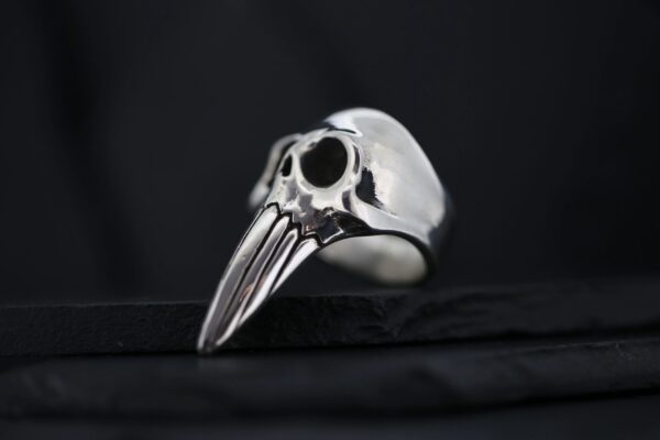 A silver ring shaped like a bird skull with a long beak.