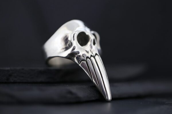 Silver skull ring with a long beak design on a dark surface.
