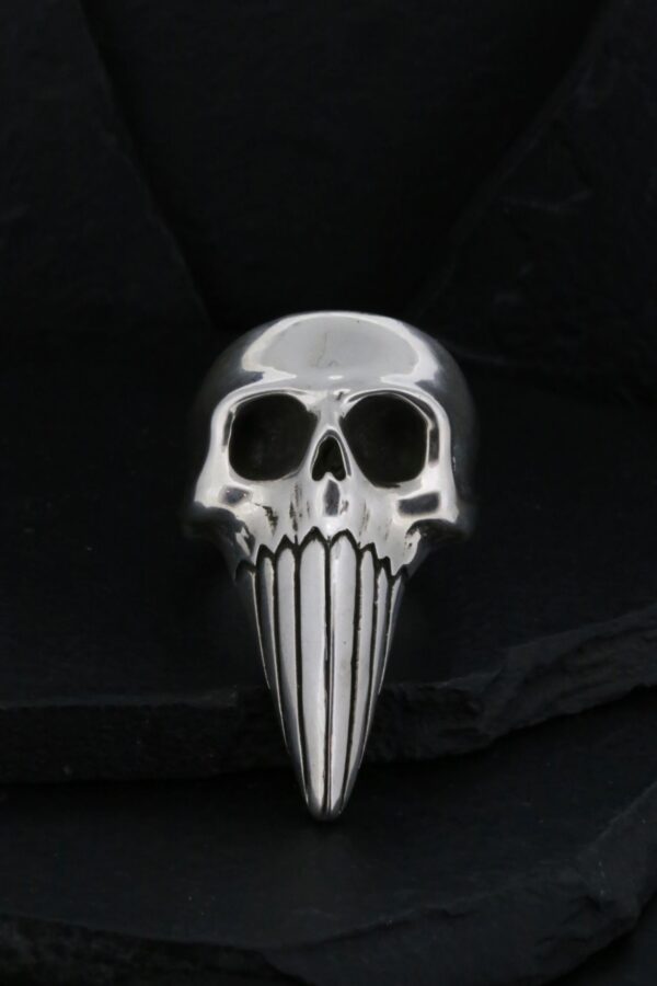 A silver skull pendant with elongated teeth on a black background.