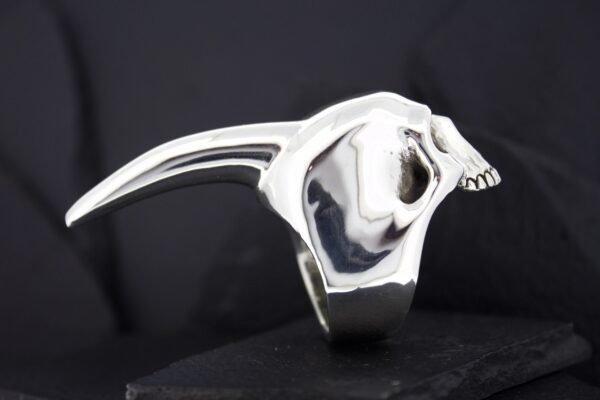 Shiny chrome Grim Reaper skull sculpture with scythe blade.