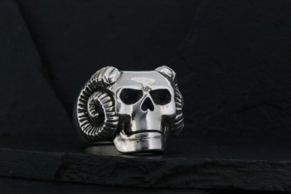 A silver skull with ram horns against a dark background.