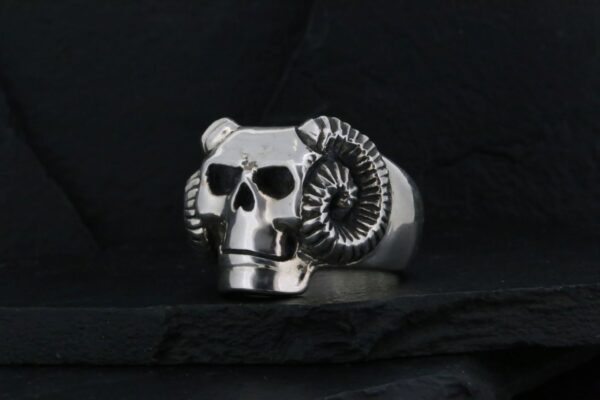 Silver skull ring with ram horns on black background.