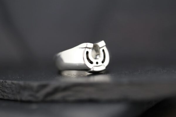 Close-up of a silver horseshoe ring on a dark surface.