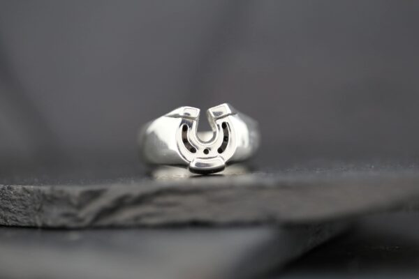 Silver ring with a horseshoe design on a dark surface.