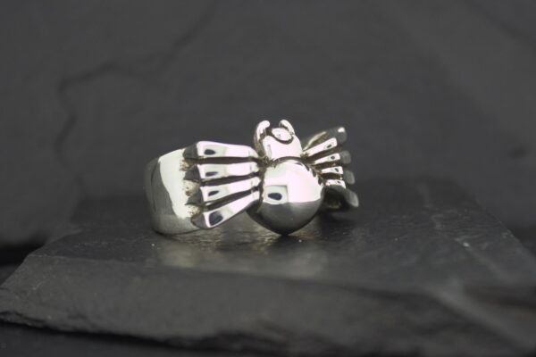 A silver ring featuring a detailed spider design.