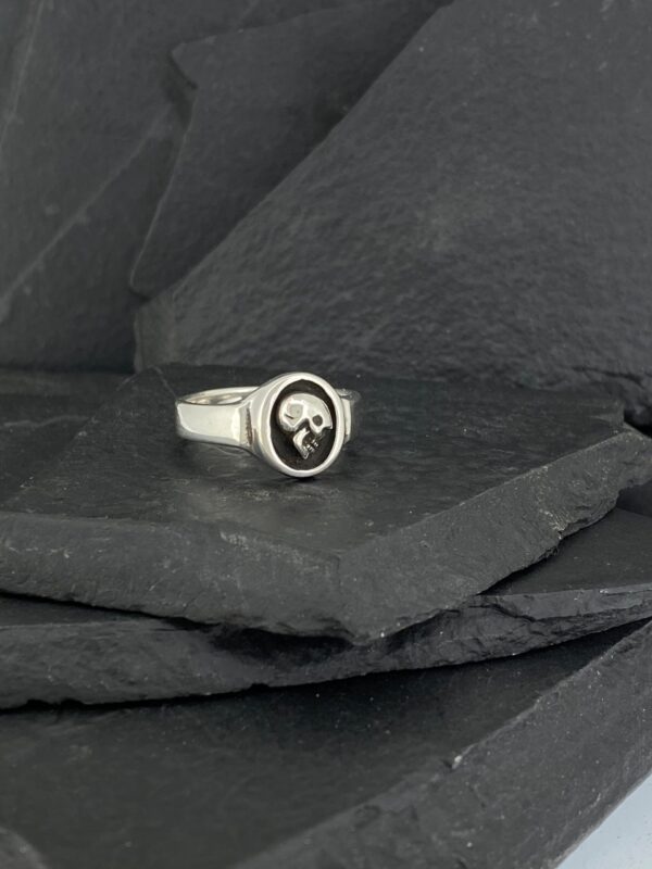 Silver ring with a skull design resting on dark slate stones.
