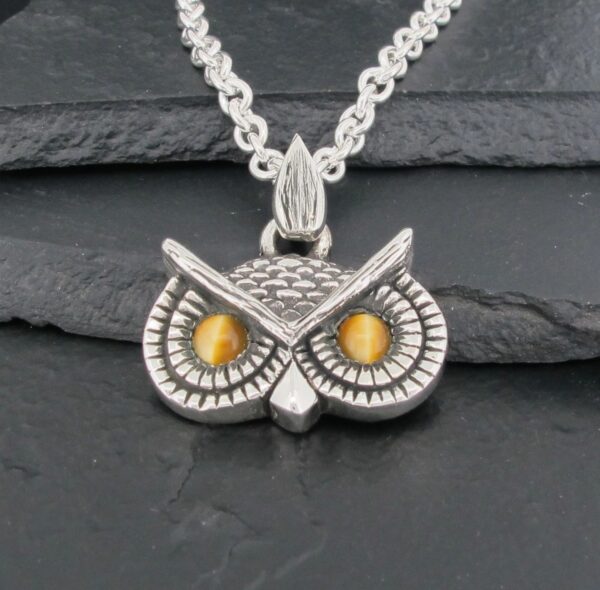 Silver owl pendant with amber eyes on a chain.