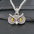 Silver owl pendant with amber eyes on a chain.