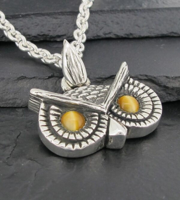 Close-up of an owl-shaped silver pendant with yellow eyes on a braided chain.