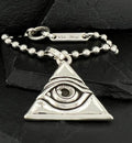 Silver keychain with an eye inside a triangle design.