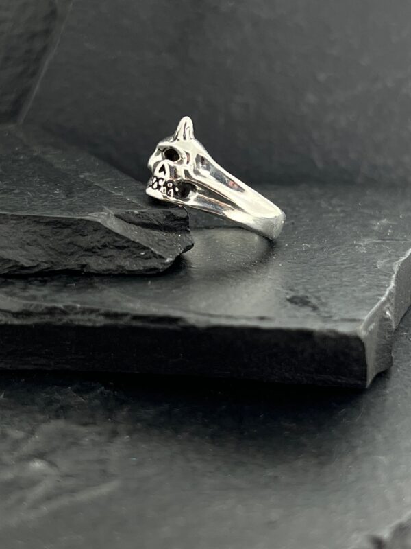 Elegant silver ring with a unique intertwined design on a dark slate surface.