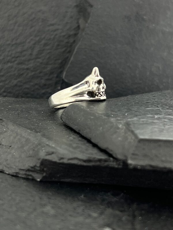 Silver ring with a skull design on a dark textured surface.
