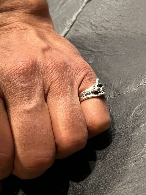 Close-up of a hand wearing a silver ring on the middle finger.