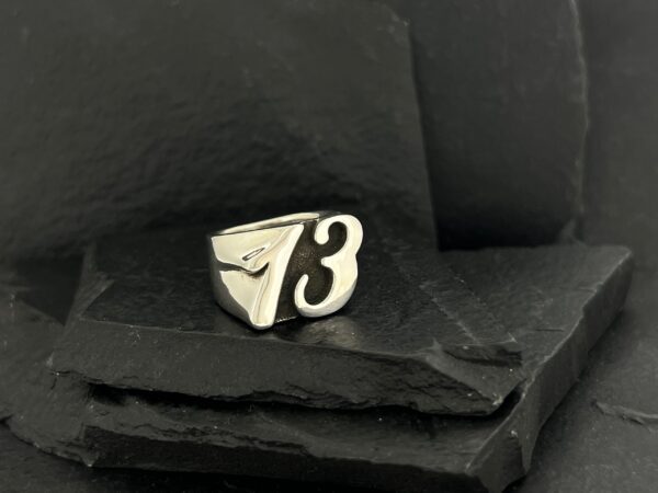 A silver ring with the number 73 displayed prominently.