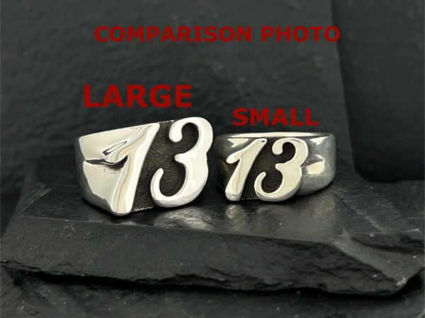 Comparison of large and small number 13 rings on a black background.