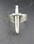 A silver pendant shaped like a sword with wings.