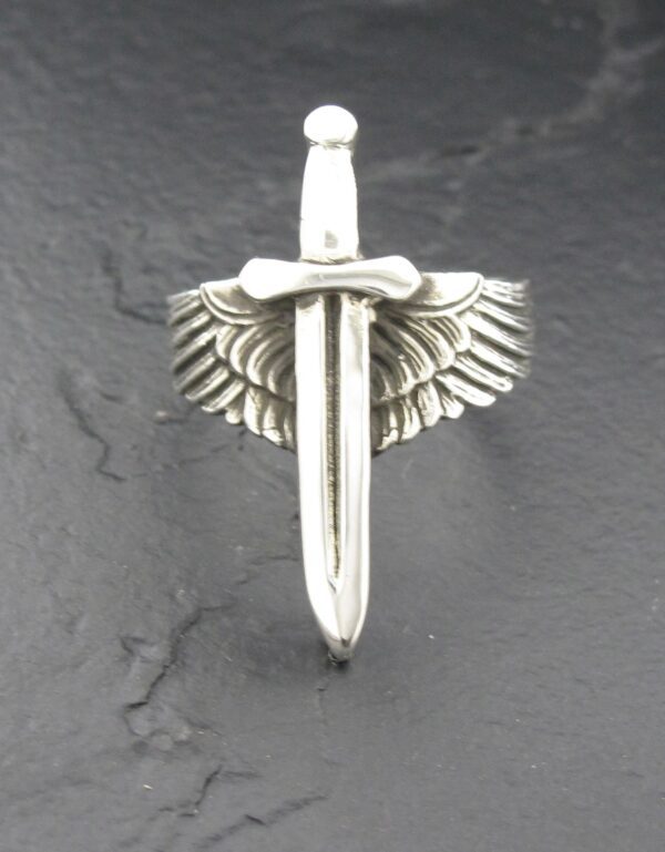 A silver pendant shaped like a sword with wings.