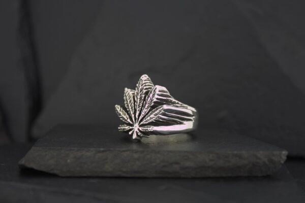 Silver ring with a stylized leaf design on a dark surface.