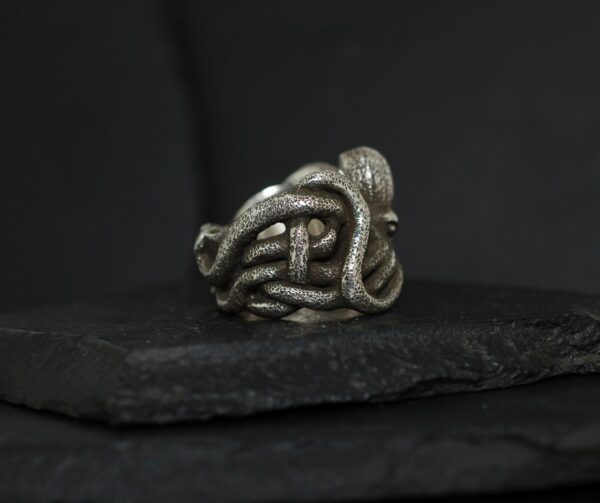 Intricate silver ring with a coiled serpent design on a dark surface.