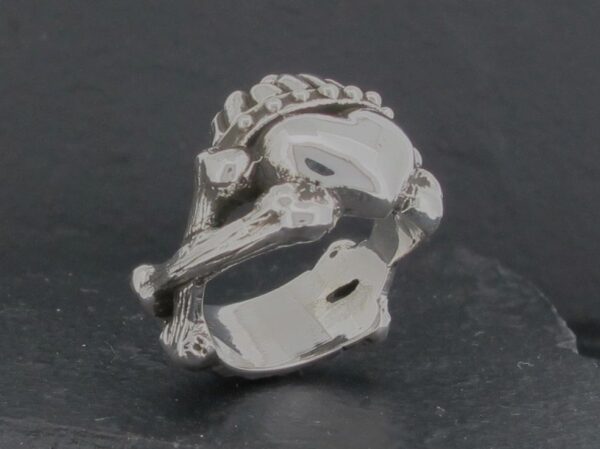 A silver ring shaped like a Spartan helmet.