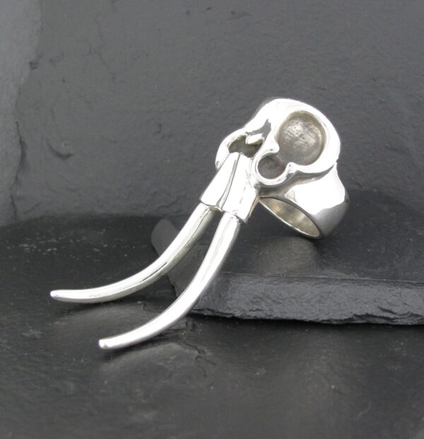 Unique silver ring with a skull and two long curved prongs.