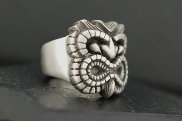 A silver ring with an intricate owl design.