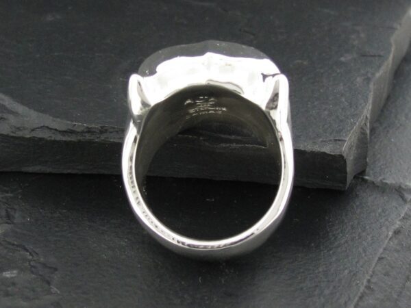 A silver ring with an intricate design on its band.