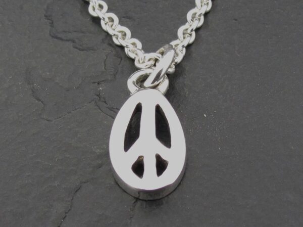 A silver peace symbol pendant on a chain.