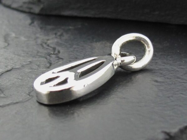 Close-up of a polished silver pendant on a dark surface.