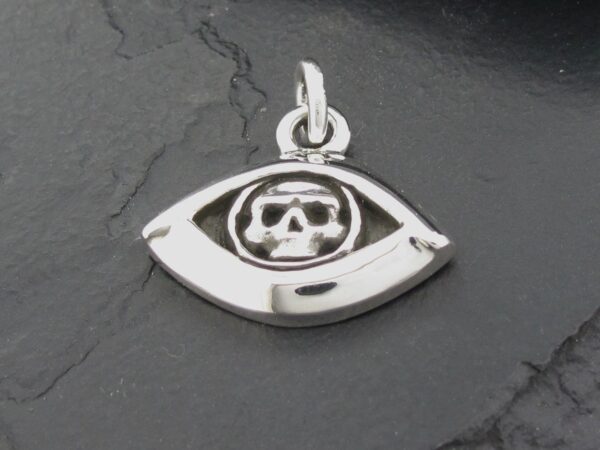 Silver eye-shaped pendant with an astronaut helmet design.