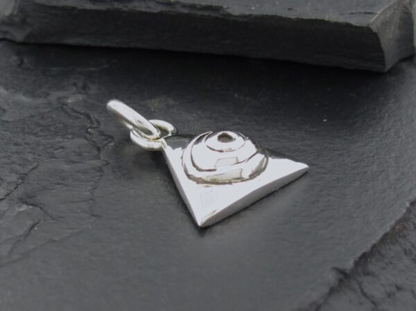 Silver pendant with a spiral design on a triangular base.
