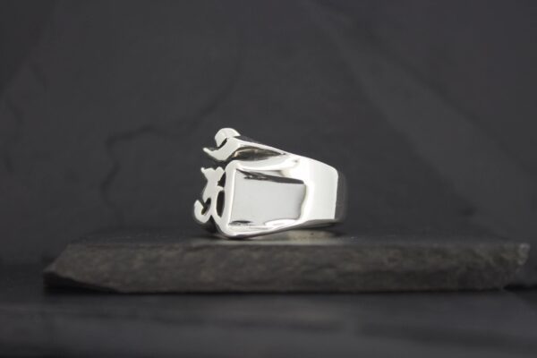 Silver ring with an intricate design on a dark background.
