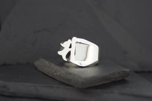A silver ring with a unique cut-out design on a dark surface.