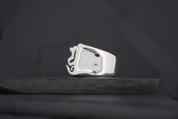 White belt with a distinctive silver buckle on a dark surface.