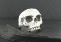 A shiny silver skull ring on a dark surface.