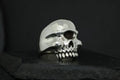 A shiny silver skull sculpture on a dark background.