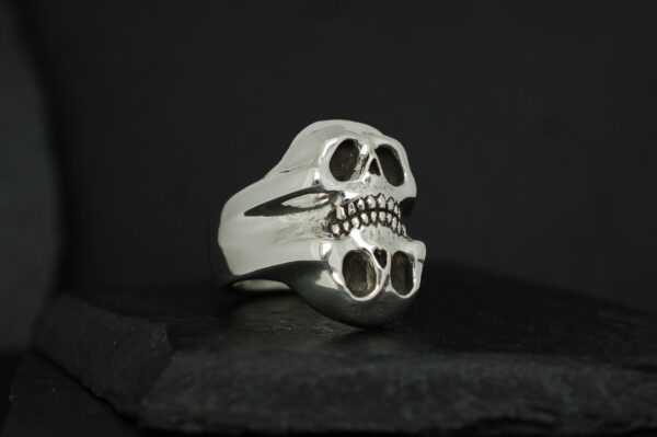 Silver skull ring with intricate details on a black background.