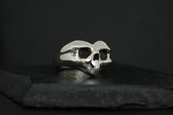 Two silver skull-shaped rings on a dark surface.