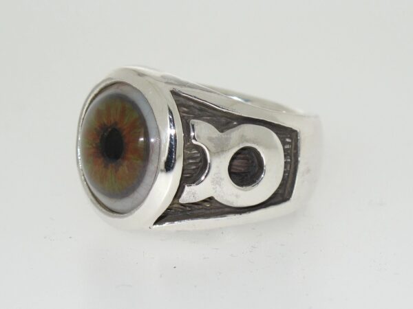 A silver ring with a realistic brown eye design.
