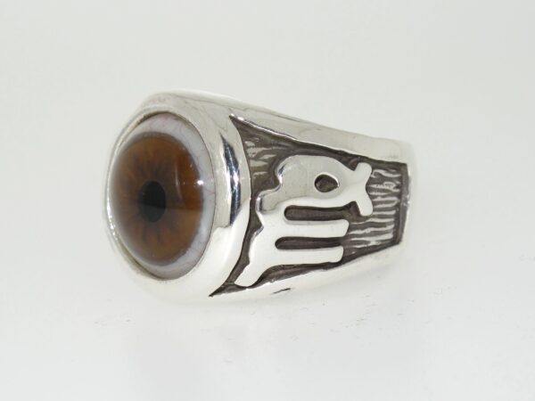 A silver ring with a realistic brown eye design and Scorpio zodiac symbol.