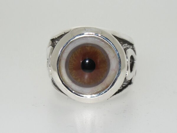 A silver ring featuring a realistic brown eye design.