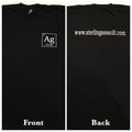 Black T-shirt with silver element symbol and website text on back.