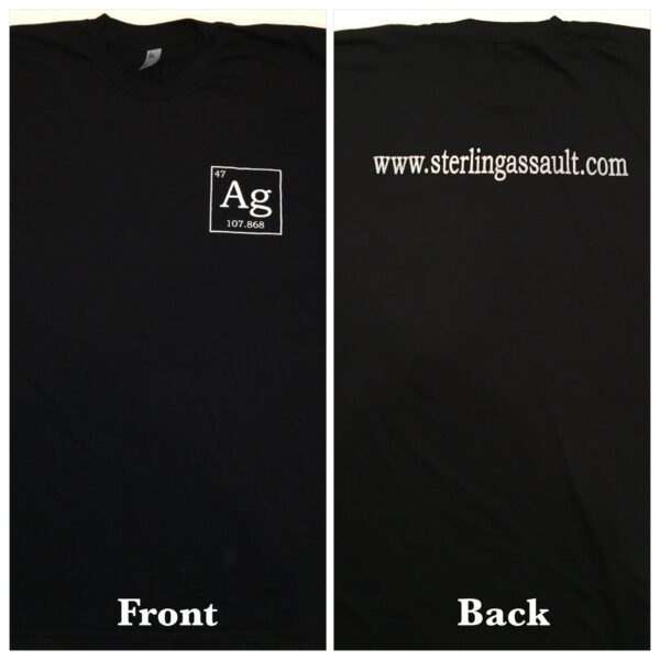 Black T-shirt with silver element symbol and website text on back.