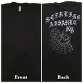 Black t-shirt with white gothic text and spider web design on back.